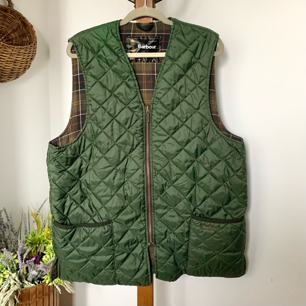 Barbour Green Quilted Waistcoat Zip in Liner Vest Tartan Lining sz 44 US LG XL
